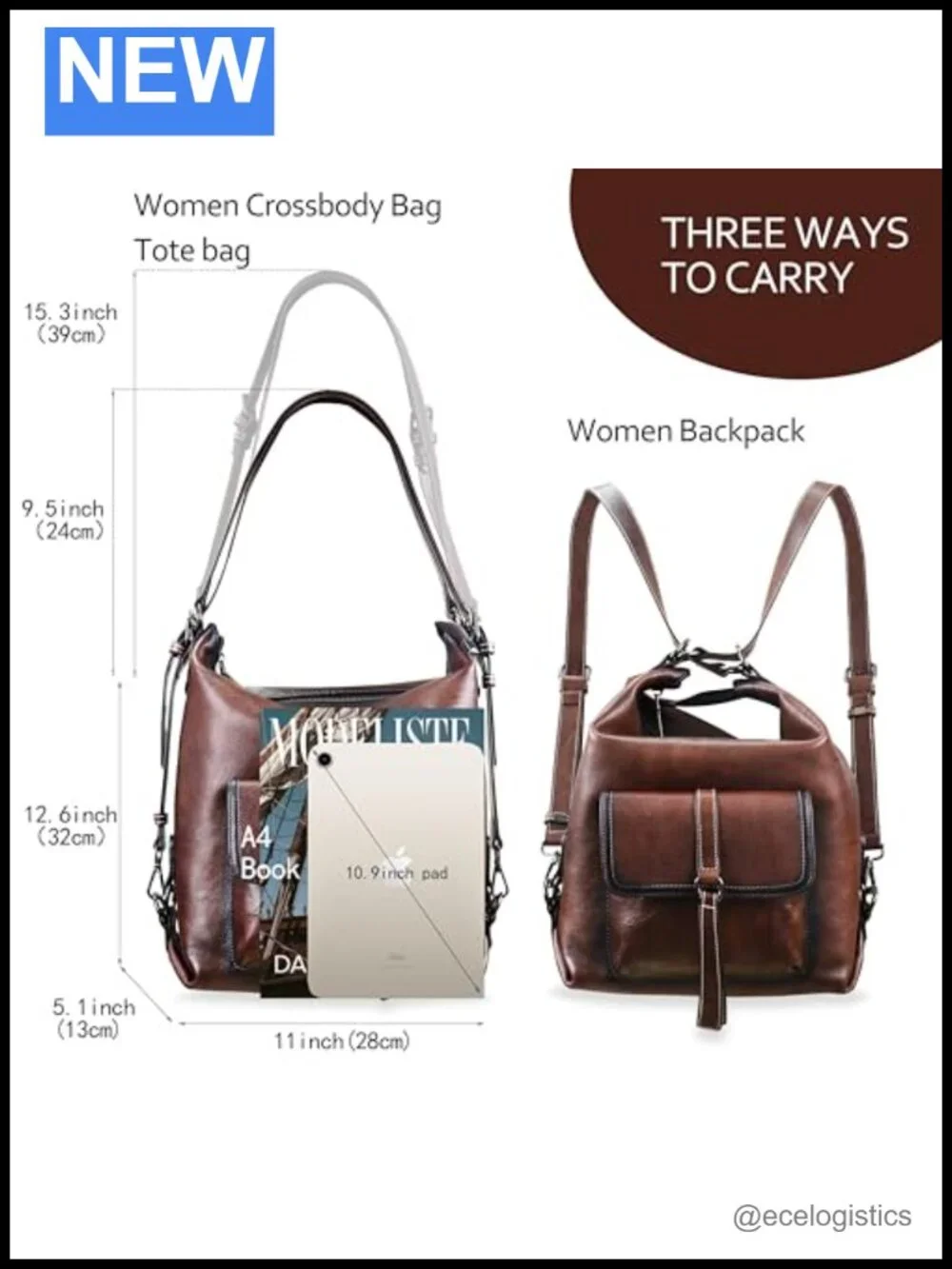 Genuine Leather 3-in-1 Hobo Bag Crossbody Backpack Purse Handbag